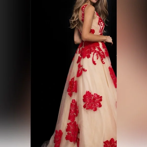 Jovani Red and Cream Floral Prom Dress - Picture 3 of 6